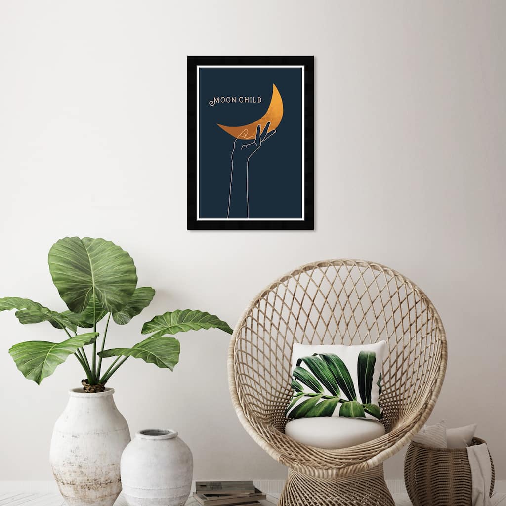 Wynwood Studio 'Moon Child' Astronomy and Space Wall Art Framed Print Moons - Gold, Blue