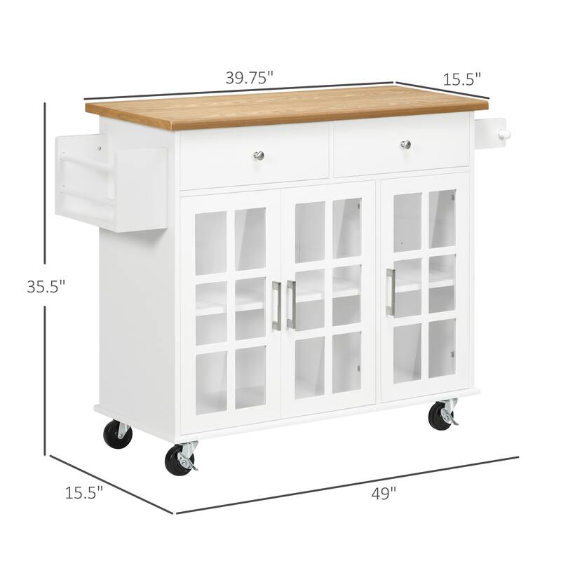 HOMCOM Rolling Kitchen Island with Storage, Utility Kitchen Cart with 2 Drawers, 2 Cupboards, White