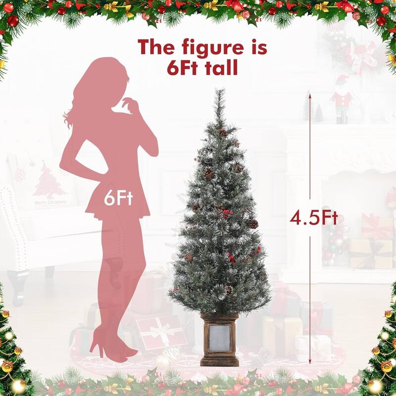 4.5 Ft Artificial Christmas Tree with 200 Warm White LED Lights and Red Berries Potted Base Holiday Xmas Tree