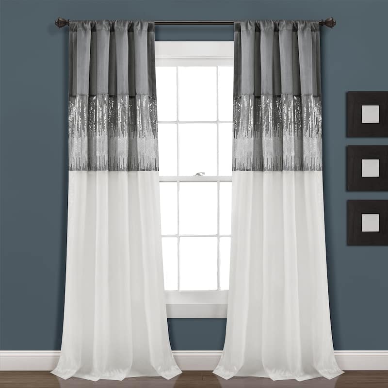 Silver Orchid Page Two-tone Faux Silk Glamorous Sequins Sparkle Single Curtain Panel - 95"L x 42"W - Gray/White
