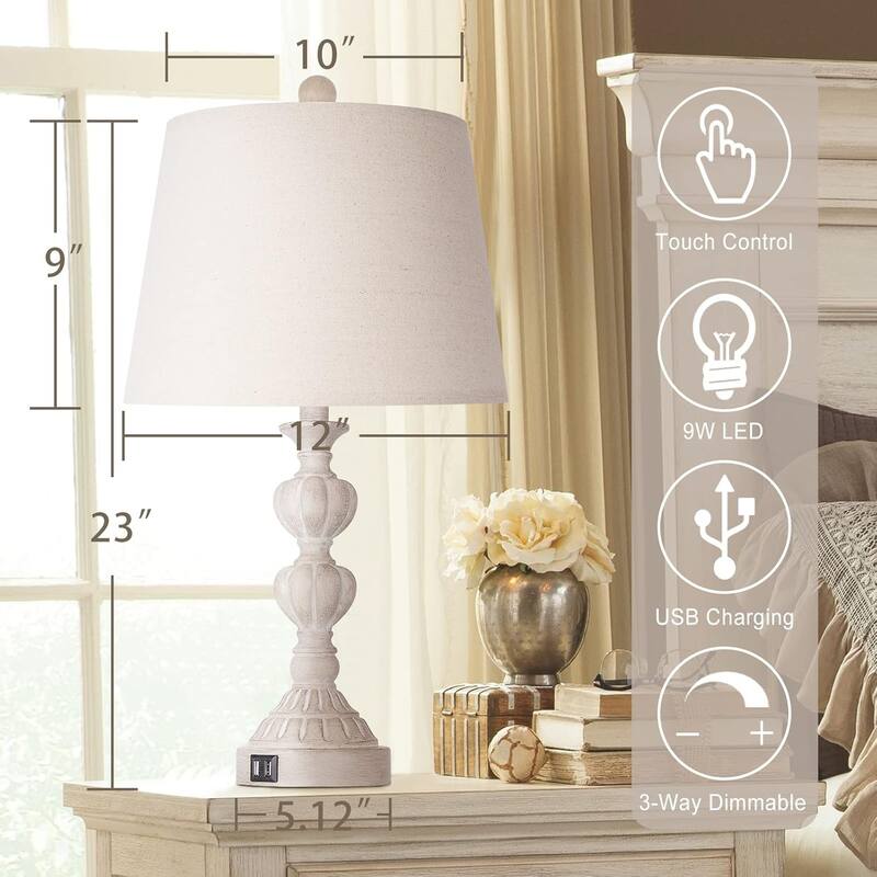 Touch Control Coastal Farmhouse Table Lamp Set of 2, 3-Way Dimmable Bedside Lamp with 2 USB Charging Ports for Living Room