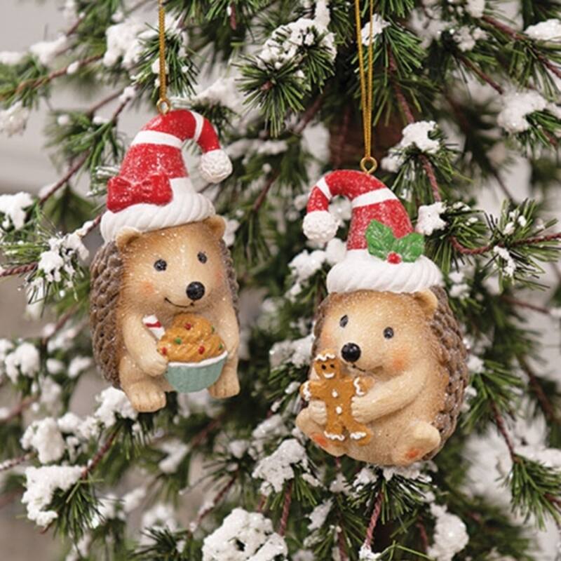 Multi-Color Resin Hedgehog Christmas Ornaments with Glitter & Ribbon, 2 Asstd. - 2 x 3 x 3.50 in.