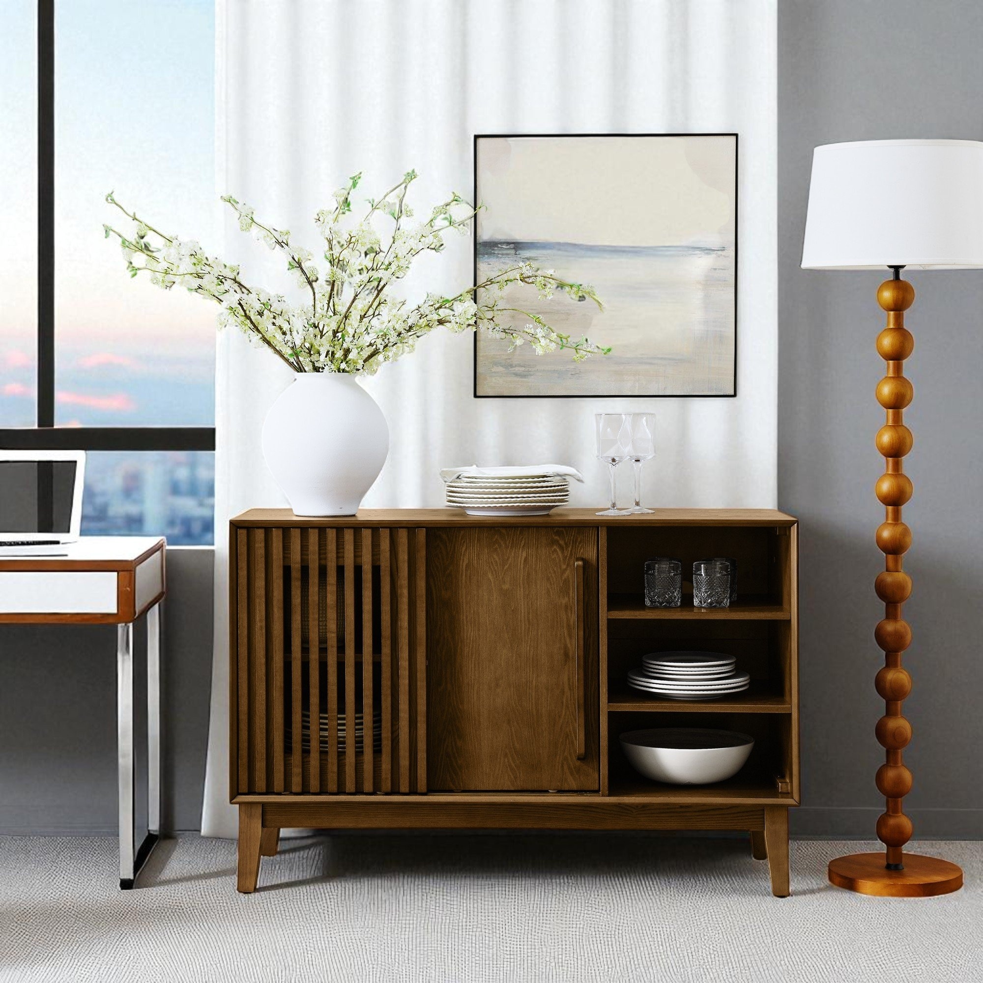 47.3" Farmhouse Fluted Sideboard Cabinet with 2 Doors, Fixed Shelves & Outlet Holes - Storage Buffet for Entryway