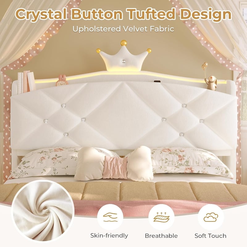Princess Upholstered Bed with Headboard Charging Station Crystal Button Crown