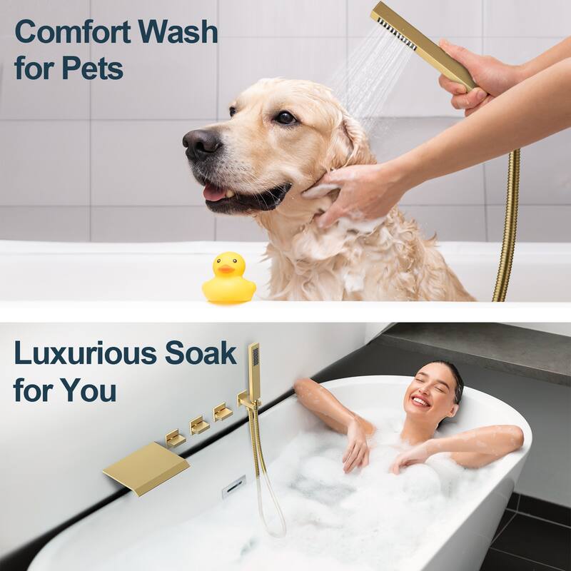 GRANDJOY Wall Mounted 3-Handle Tub Shower Faucet with Handheld Shower and Waterfall Tub Spout
