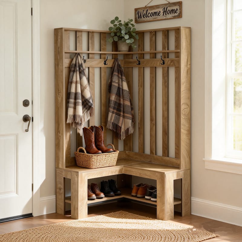 L-Shaped Entryway Hall Tree with Shoe Storage Shelf and 4 Hooks