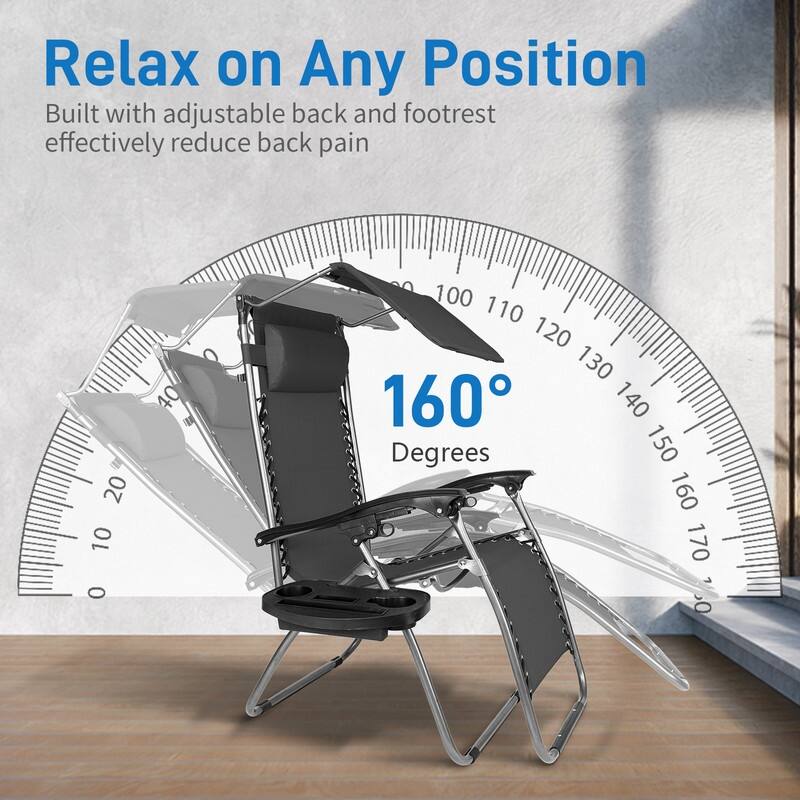 Patio Single Zero Gravity Folding Lounge Recliner Chair with Canopy and Cup Holder