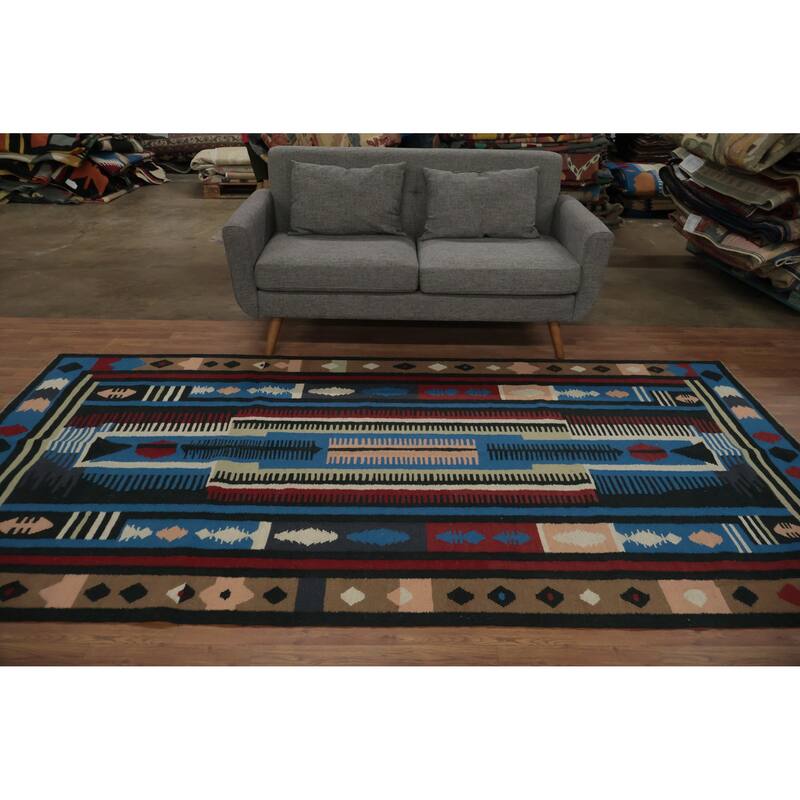 Hand Woven Oriental 100% Wool Carpet Southwestern Tribal Navy Blue & Blues Kilim Area Rug - 9' 11'' X 5' 3''