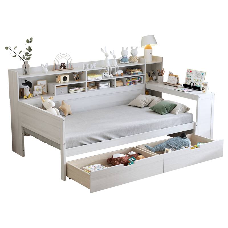 Wooden Twin Size Daybed with Storage Shelves, Multi-functional Bed with Two Storage Drawers and Study Desk