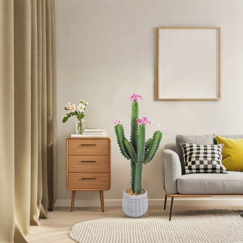 36 Inch Artificial Cactus Plant, Faux Flowering Cacti Plant in Pot, Fake Cacti Saguaro for Home Garden Office Indoor - green