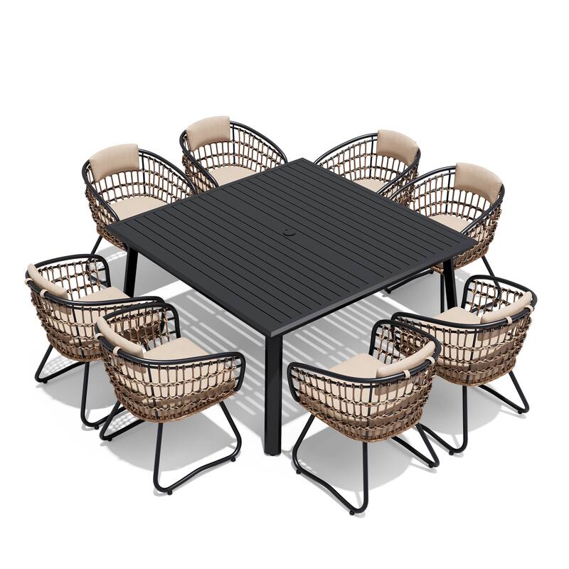 9-Piece Outdoor Patio Dining Set All-Weather Aluminum Square Table with Umbrella Hole and Cushioned Rattan Chairs - Beige