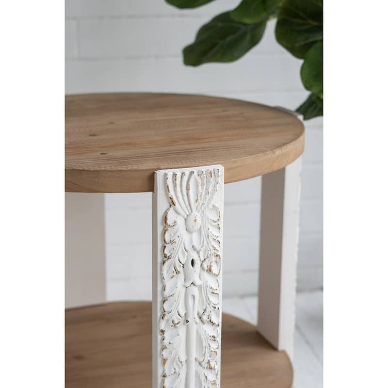 Round Two-Tiered Wooden Side Table with Natural Brown Finish and Distressed White Legs
