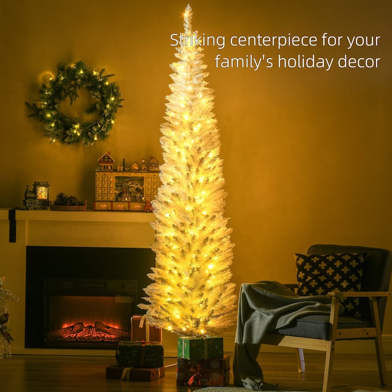 HOMCOM 7' Tall Pre-Lit Slim Noble Fir Artificial Christmas Tree with Realistic Branches, 200 Warm White LED Lights and 499 Tips