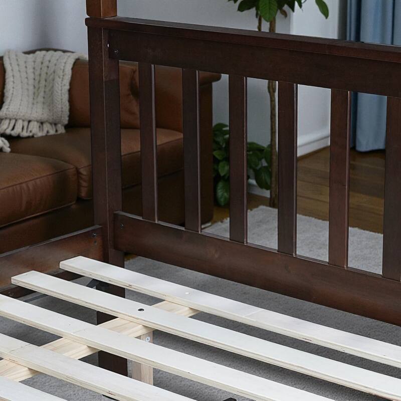 Twin Over Full Rubber Wood Bunk Bed with Twin Trundle, Convertible Ladder, Detachable Design, and Safety Guardrails