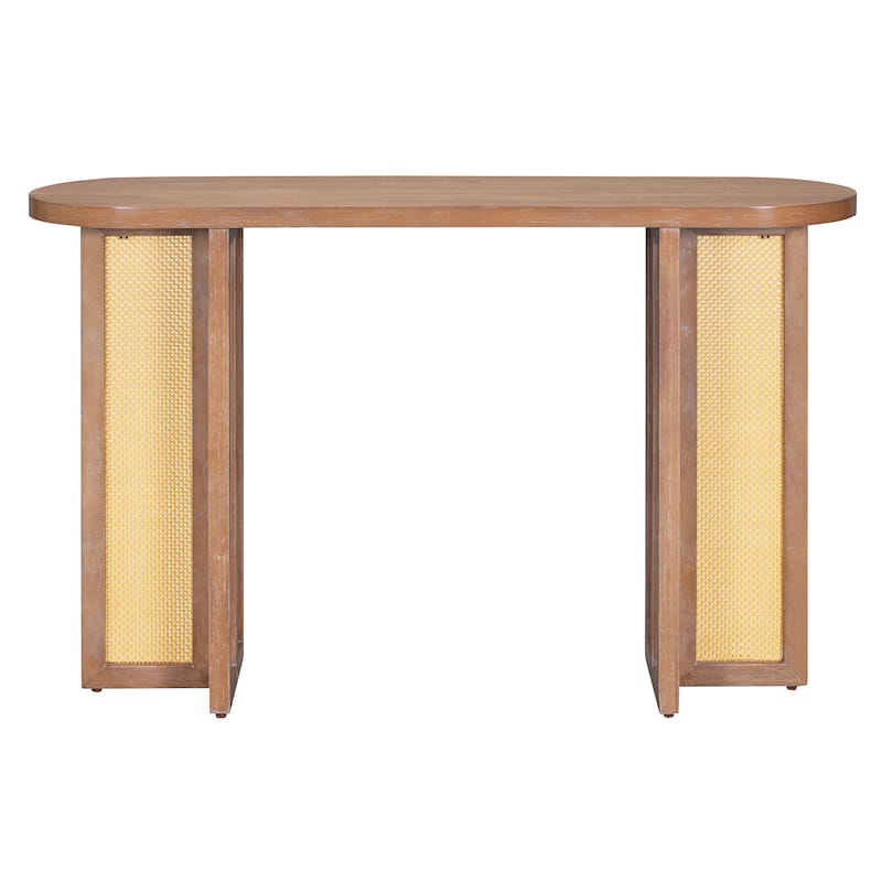 Boho Rattan Console Table, 47.8" Entryway Sofa Table with Oval Top, Narrow Hallway Table for Living Room, Entrance - Natural Wood Wash