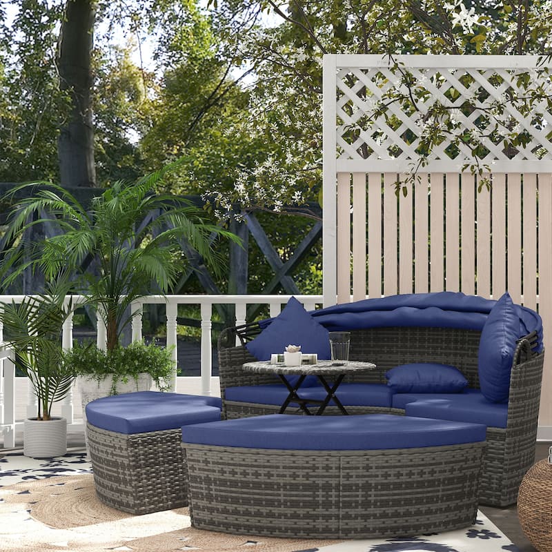Outsunny 4pc Rattan Patio Furniture Set, Round Convertible Daybed or Sunbed, Adjustable Sun Canopy, Sectional Outdoor Sofa - Dark Blue