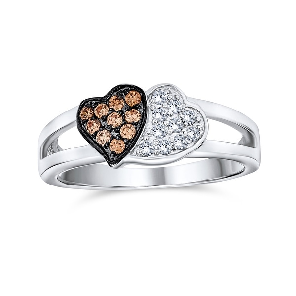 Coffee Brown White Two Tone CZ 2 Double Heart Ring 925 Sterling Silver. Opens flyout.