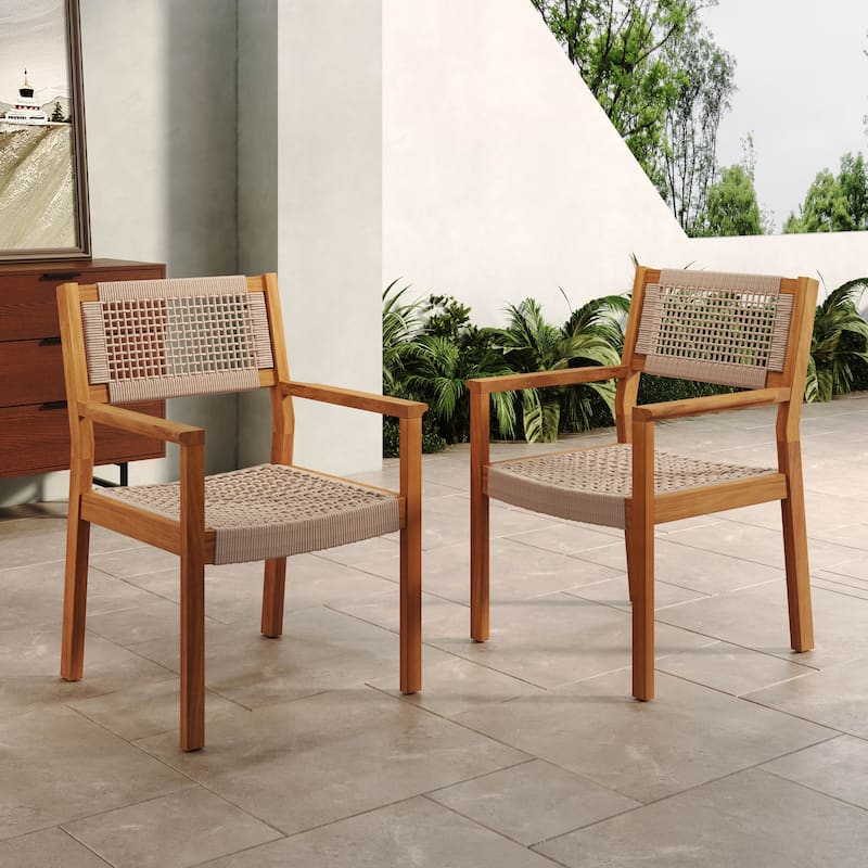 Christopher Knight Home - Emma Outdoor Acacia Wood Dining Chairs (Set of 2) - Teak finish + Light Brown Rope