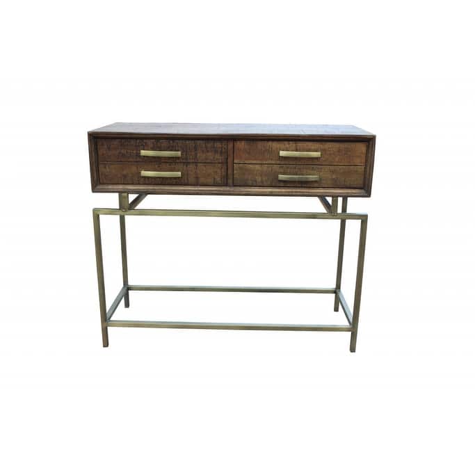 HomeRoots 36" Brown and Brass Solid Wood Distressed Frame Console Table With Storage - 36.00 in. x 30.00 in. x 14.00 in.