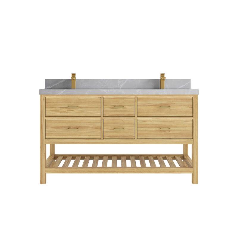 Willow Collections 60 in. W x 22 in. D Parker Solid Teak Double Sink Bathroom Vanity with Countertop