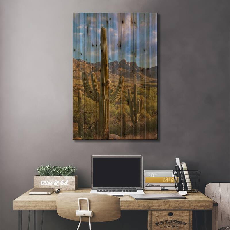 Saguaro Cacti, Catalina State Park, Arizona Print On Wood by Tim Fitzharris - Multi-Color