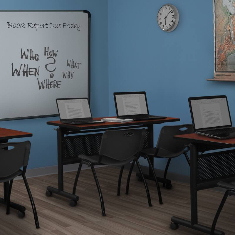 48" x 30" Flip Top Mobile Training Table with Modesty Panel- Cherry and 2 "M" Stack Chairs- Black