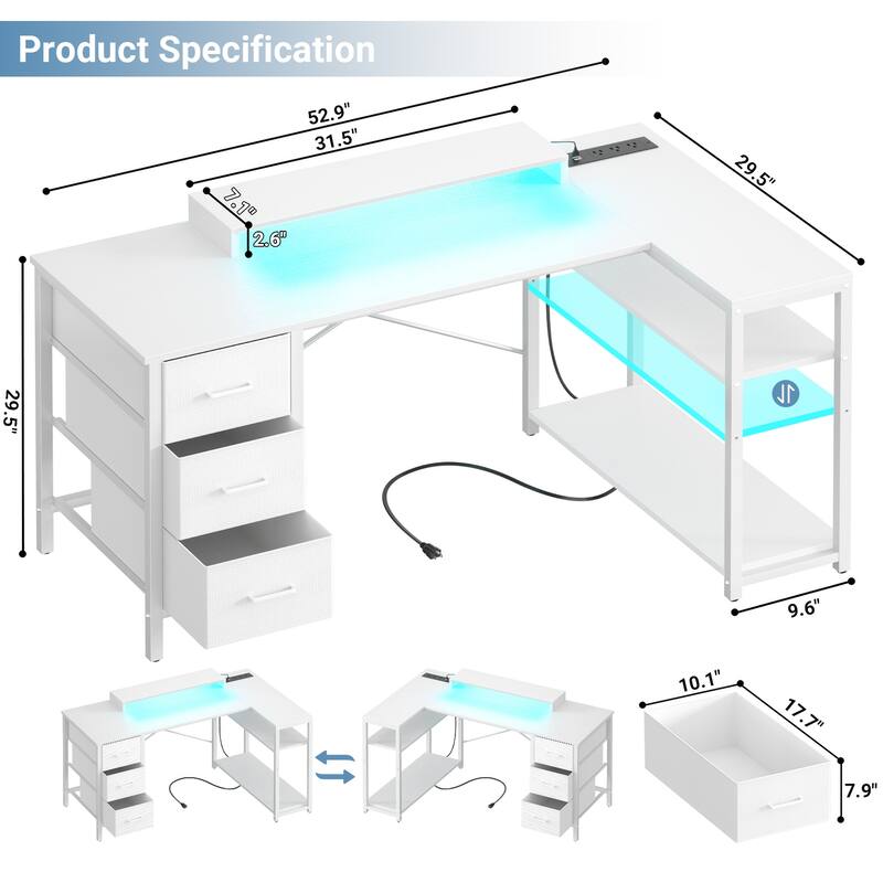 Reversible 53'' L Shaped Computer Desk with Power Outlets & LED Lights,Gaming Desk with 3 Drawers & Monitor Stand