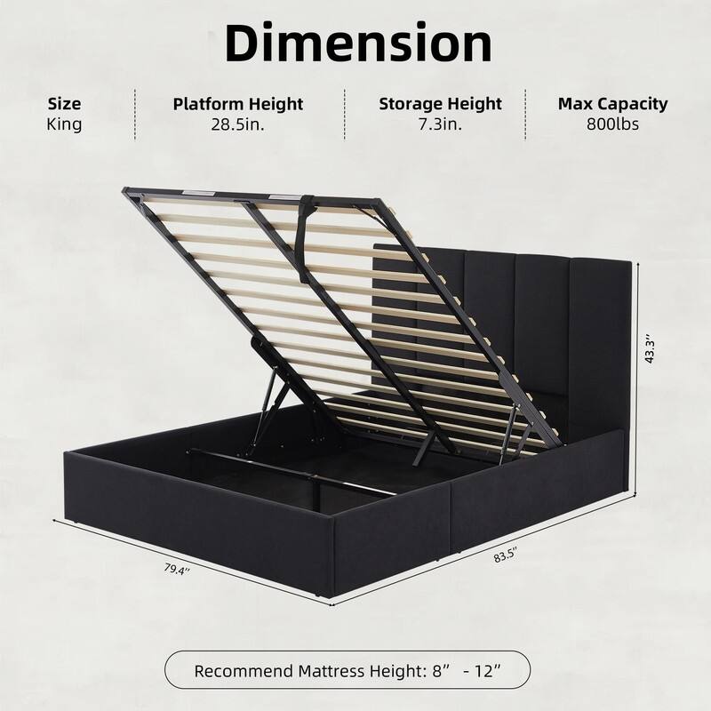 Modern Upholstered Lift-Up Storage Platform Bed with Headboard - Black - King