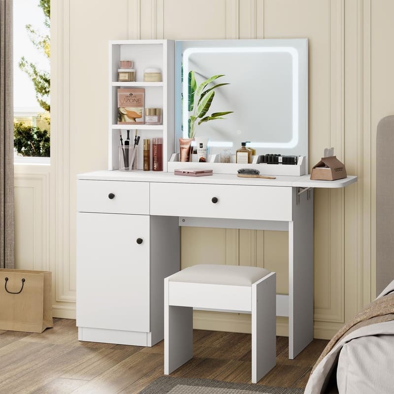 Vanity Desk with Mirror, Charging Station, Drawers, Shelves, Cabinet, Stool