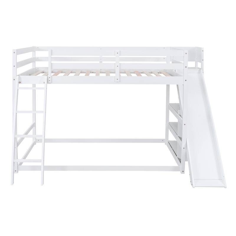 Full over Full Bunk Bed with Ladder, Slide, and Shelves in White