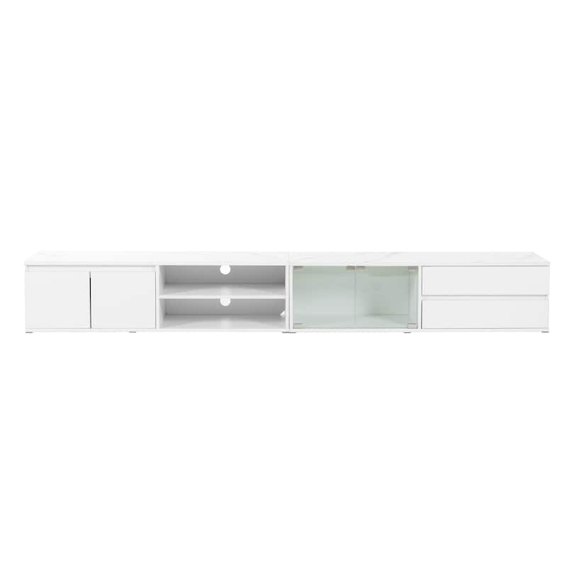 94.5" TV Stand with Tempered Glass Doors, 2 Drawers and Cabinets for TVs Up to 105"