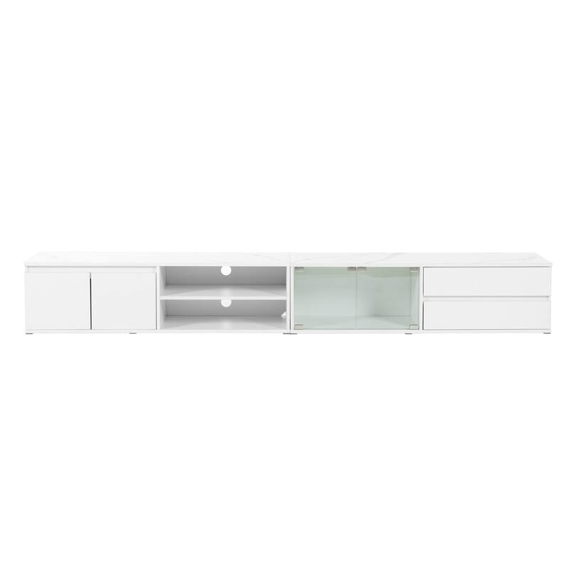 Faux Marble TV Stand with LED Lights for TVs up to 105", Tempered Glass Doors & 2 Drawers, APP Controlled Media Console
