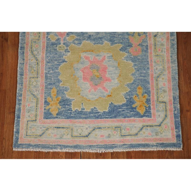 Vegetable Dye Blue Oushak Turkish Runner Rug Handmade Wool Carpet - 2'10"x 12'11"