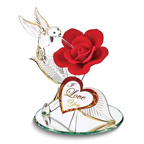 Curata I Love You Hummingbird and Red Rose Handcrafted Glass Figurine with 22k Gold Trim