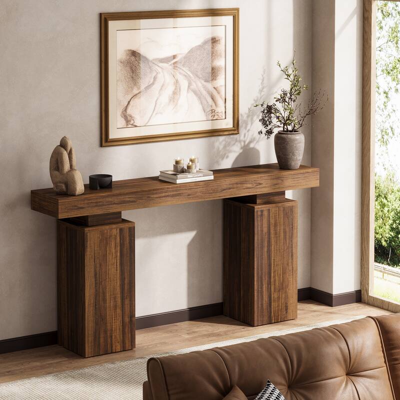 Industrial Sofa Console Table with Double Pedestal for Entryway