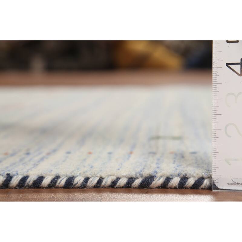 Ivory & Blue Striped Gabbeh Accent Rug Hand-Knotted Wool Carpet - 4'0"x 5'9"