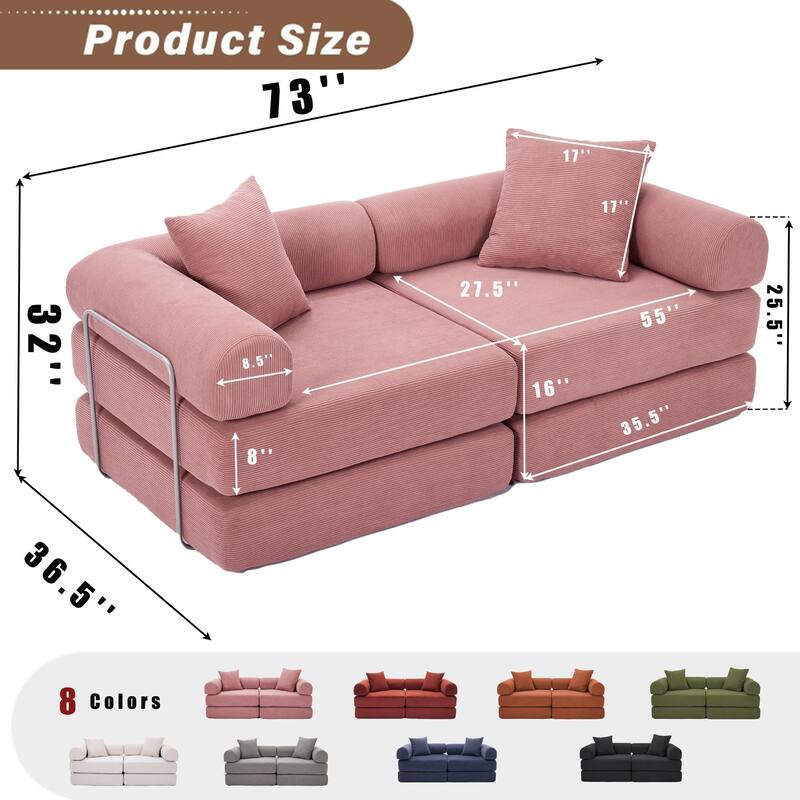 Modular Couch Sofa Bed, Convertible Design with Removable Armrests,Folding Mattress Couch for Small Spaces ,No Assembly