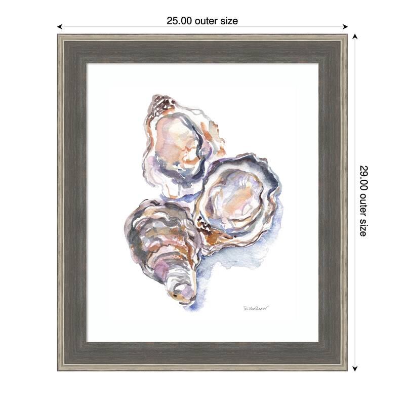 3 Oysters by Patricia Shaw Wood Framed Wall Art Print - Cottage Grey Silver - 25 x 29 in