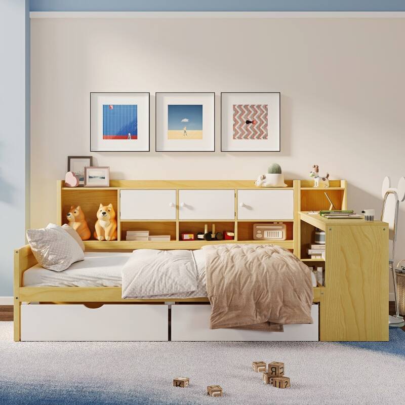 Modern Wooden L-shape Multi-functional Daybed with Study Desk and Built-in Bookshelf