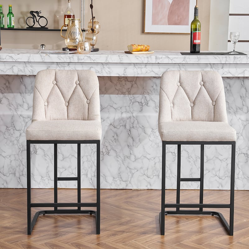 Counter Height Bar Stools Set of 2, 25.2'' Upholstered Bar Stools with Button-Tufted Backrest & Metal Frame for Kitchen, Bar