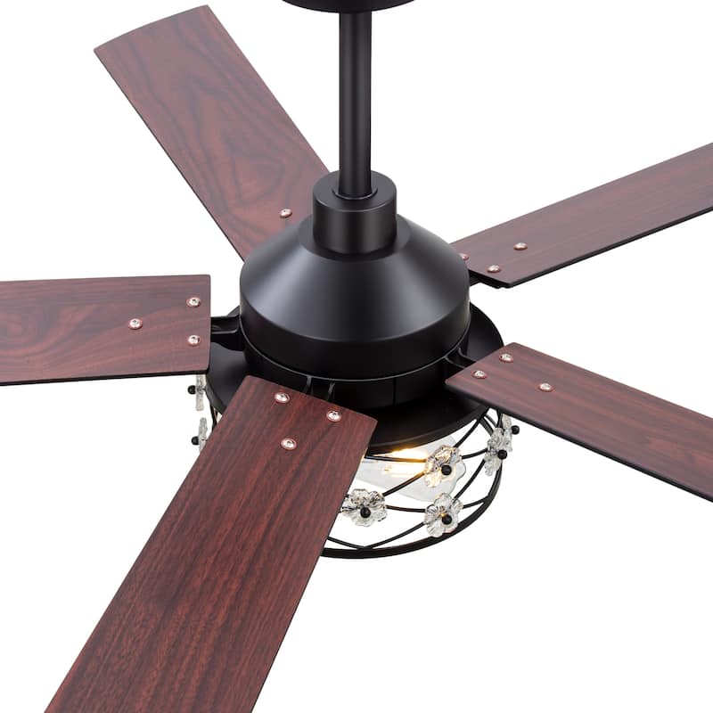 52" Black Wood Modern Floral Indoor Ceiling Fan Chandelier with Remote