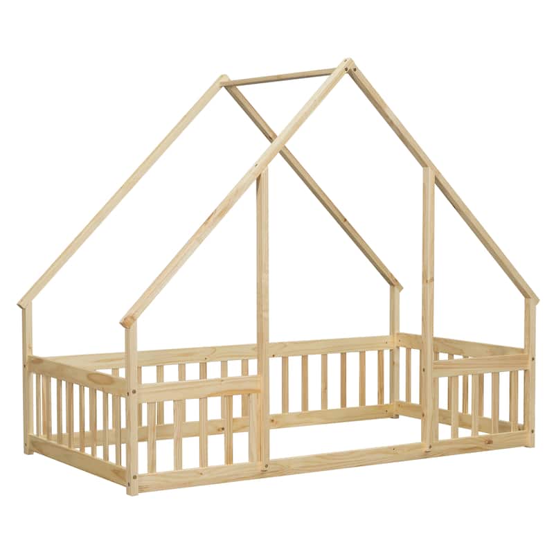 Natural Twin Size Pine House-Shaped Floor Bed with Roof & Guardrails