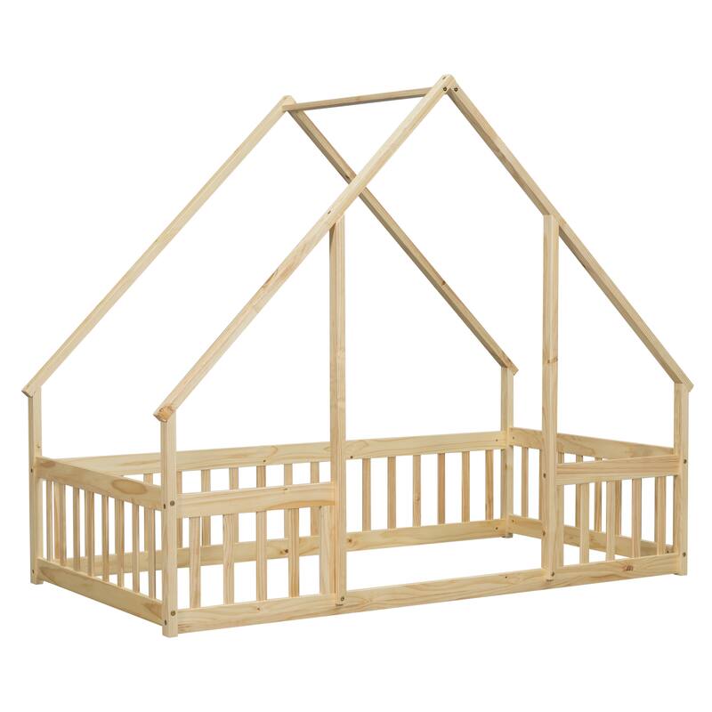Twin Size Pine House-Shaped Floor Bed with Roof & Guardrails