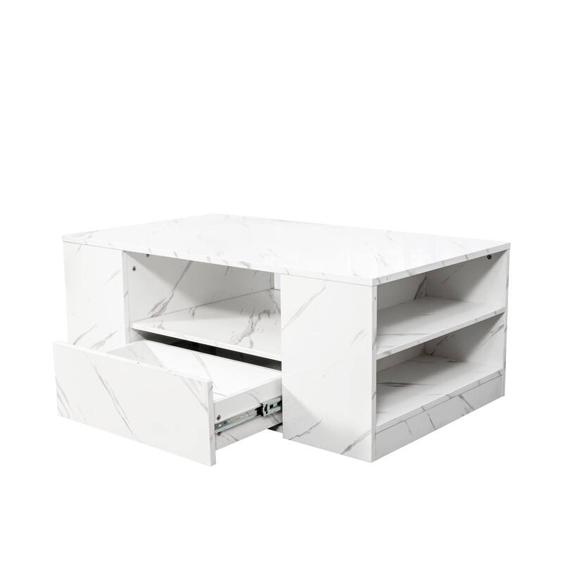 LED Coffee Tables for Living Room, Medium Storage Coffee Table, Wood Center Table with 2 Drawers and Open Side Shelf