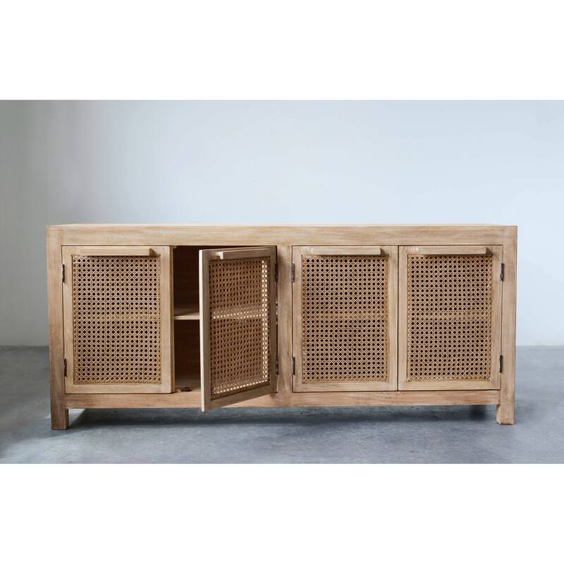 Mango Wood and Cane 4-Door Sideboard Cabinet