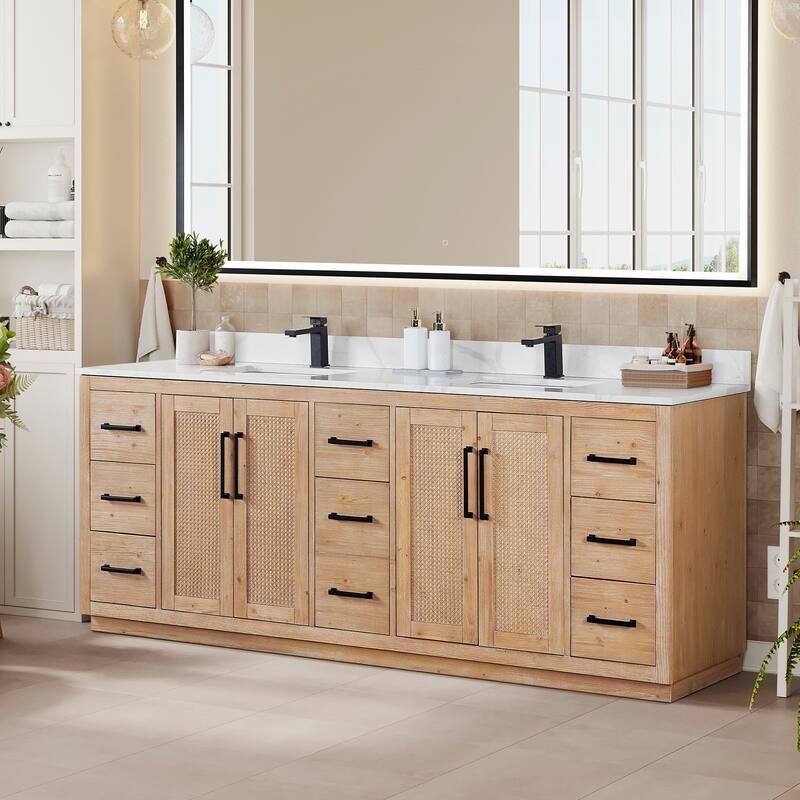 Floral Single Bathroom Vanity in Light Brown with Calacatta White Quartz Countertop without Mirror