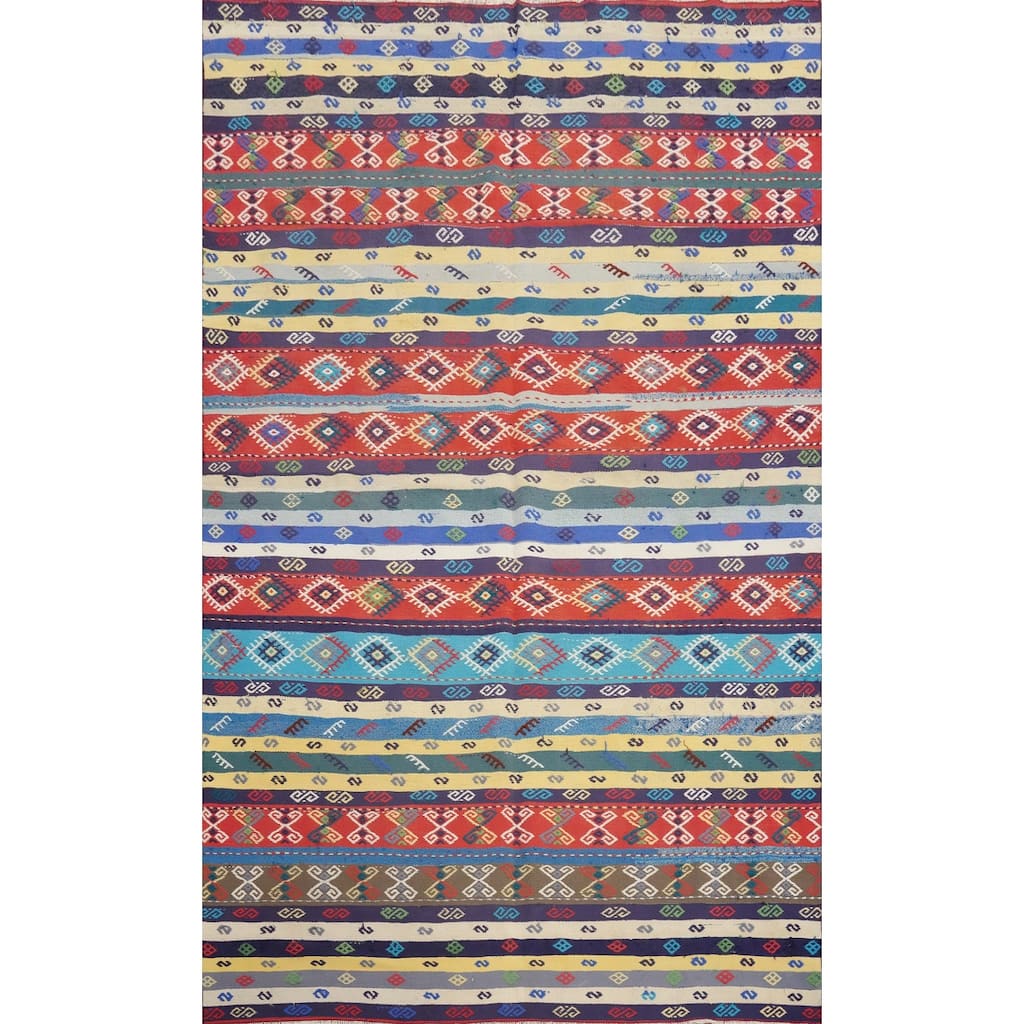 Hand Woven Oriental 100% Wool Carpet Southwestern Tribal Multi-Colored Kilim Area Rug - 8' 10'' X 6' 2''