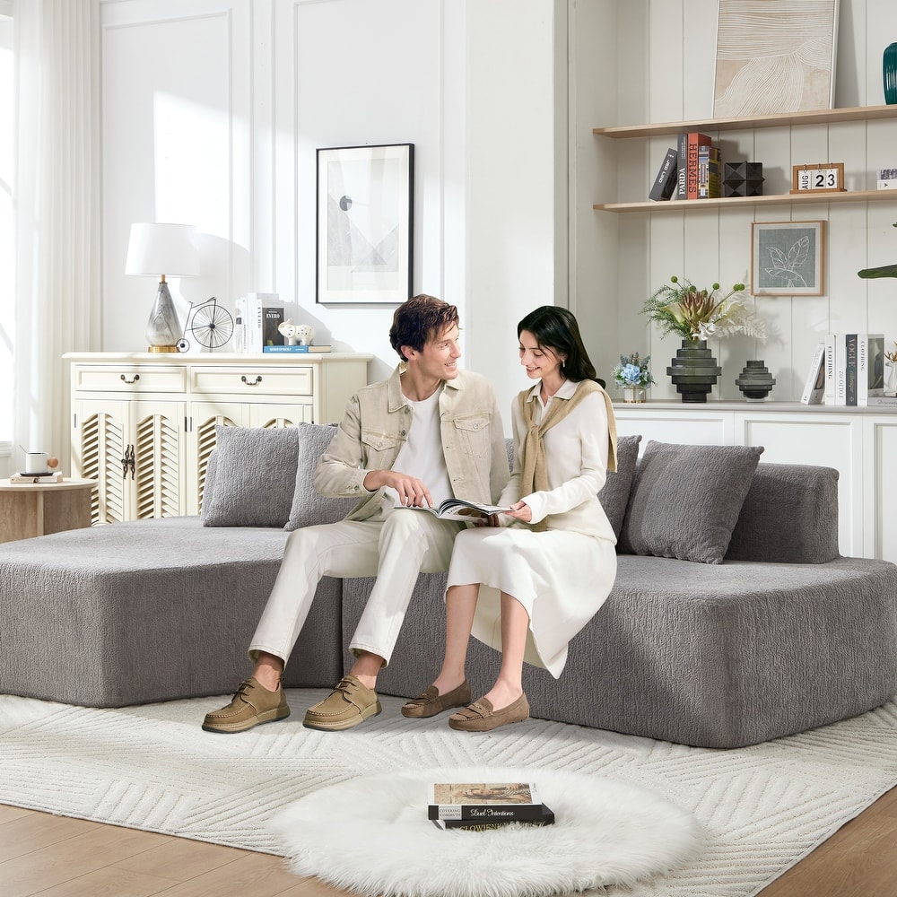 Irregular L-Shaped Modular Sectional Sofa with Chaise Lounge, Comfy Corduroy Deep Seat Cloud Couch, 3 Seat Sofa with 5 Pillows