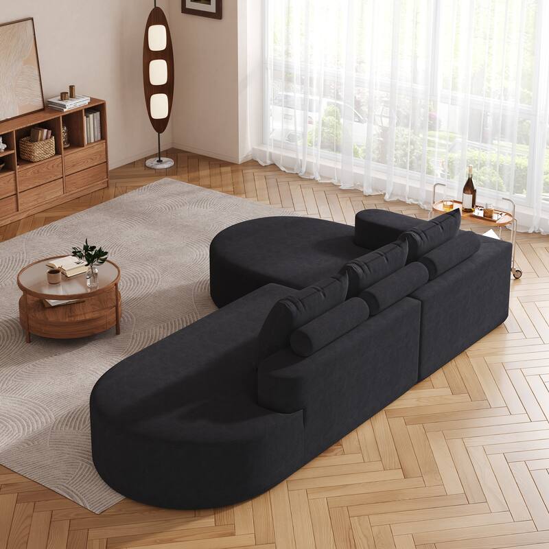 L Shaped Modular Curved Sectional Sofa, Chenille Upholstered 3 Seat Sofa, Corner Sofa with 3 Pillows for Living Room, Bedroom