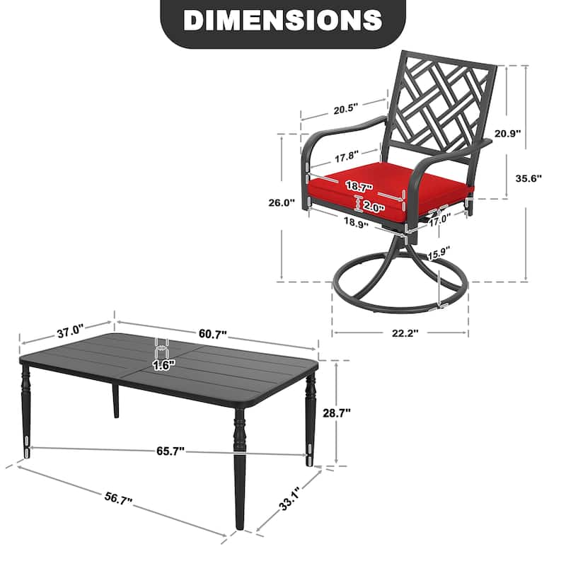 7PCS Metal Patio Dining Set with Umbrella Hole, Swivel Chairs with Cushions